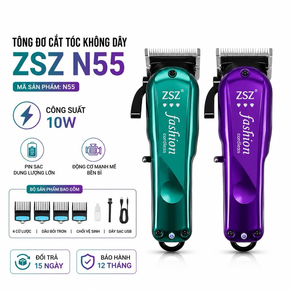 Tông Đơ Cắt Tóc ZSZ N55 Không Dây 10W - Lưỡi Thép Cao Cấp - Pin Sạc USB - Máy Cắt Tóc Gia Đình & Barber Chuyên Nghiệp