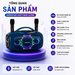 Loa Bluetooth Karaoke HOPESTAR PARTYBOX ULTRA 550W Kèm 2 Micro Không Dây - Pin 36000mAh - Đèn LED RGB - Hỗ Trợ USB/AUX 2