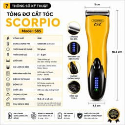 Tông Đơ Cắt Tóc ZSZ Scorpio S85 10W Màn Hình LED Hiển Thị Pin - Lưỡi Dao Thép Không Gỉ - Pin Sạc Lithium - Kèm 4 Cữ Lược 7