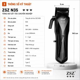 Tông Đơ Cắt Tóc ZSZ N35 10W Chuyên Nghiệp - Pin Sạc Type-C, Lưỡi Thép Không Gỉ, Kèm 8 Cữ Cắt, Dùng Cho Gia Đình & Barber 3