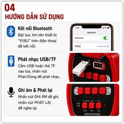 Loa Cầm Tay 918U Megaphone Bluetooth 500m - Ghi Âm, Phát Lại, Phát Nhạc USB/TF, Pin Sạc Lithium 1200mAh 4