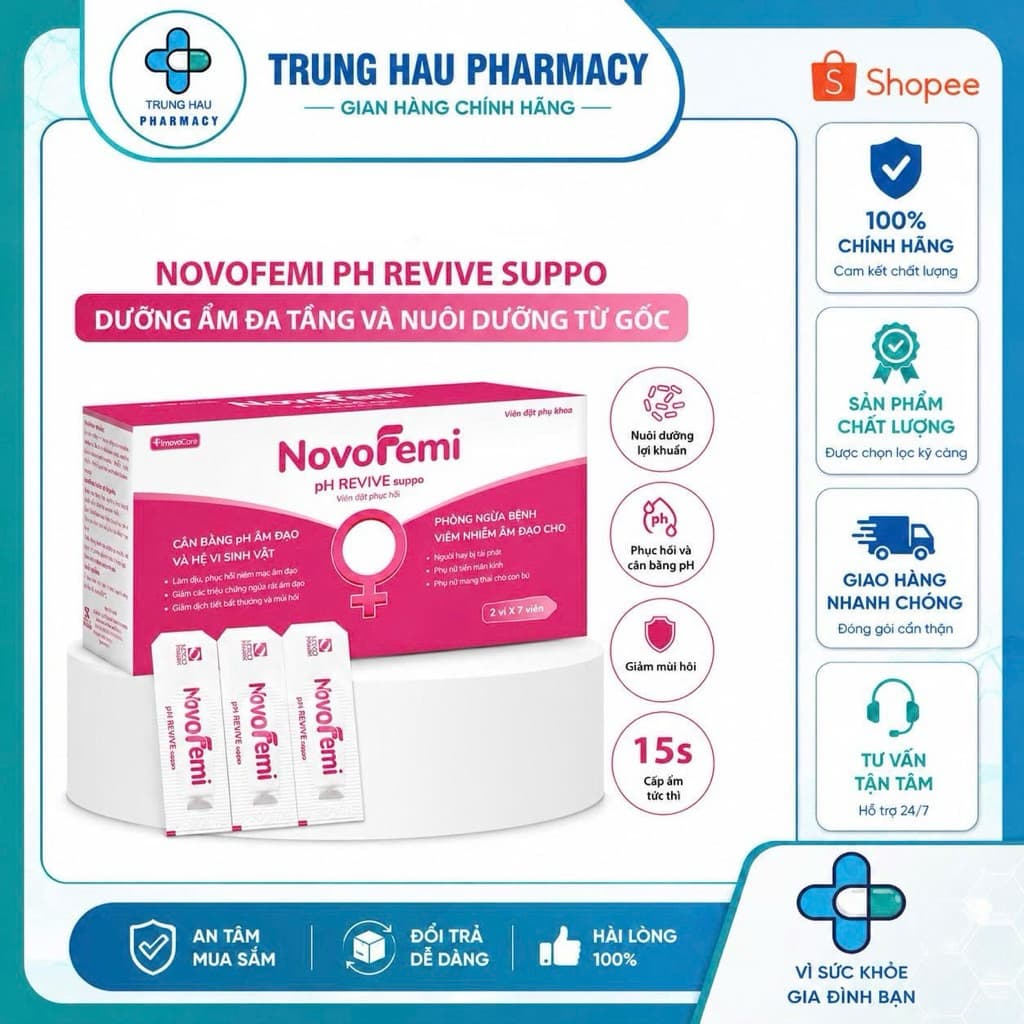 [Che Tên] Viên đặt Novofemi Hồng - Viên đặt phục hồi, cân bằng PH, bổ sung men, dưỡng ẩm, hạn chế tái nhiễm
