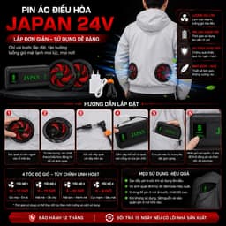 Bộ Quạt Áo Điều Hòa JAPAN 24V Kèm Pin Dung Lượng Cao, 2 Quạt Gió Mạnh, Màn Hình LED, Sạc Nhanh 6