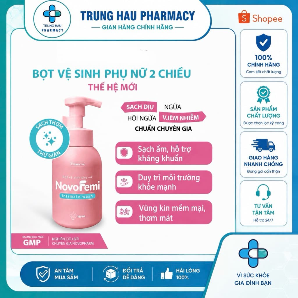 Bọt dung dịch vệ sinh phụ nữ Novofemi 180ml - Bọt vệ sinh 2 chiều, hộ trợ sạch dịu, hôi ngứa, kháng khuẩn dùng hàng ngày