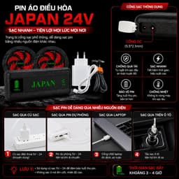 Bộ Quạt Áo Điều Hòa JAPAN 24V Kèm Pin Dung Lượng Cao, 2 Quạt Gió Mạnh, Màn Hình LED, Sạc Nhanh 5
