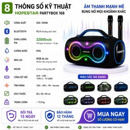 Loa Karaoke Bluetooth HOPESTAR PARTYBOX 168 100W Kèm 2 Micro Không Dây UHF, Bluetooth 5.3, Pin 32000mAh, Chống Nước IPX5 2