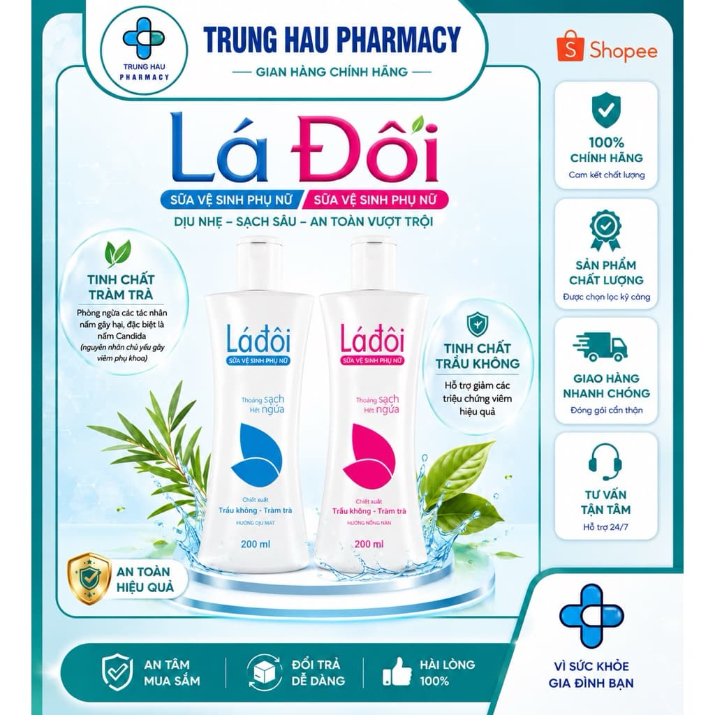 Dung dịch vệ sinh phụ nữ LÁ ĐÔI 200ml dạng sữa làm sạch tác nhân gây ngứa, mùi, viêm nhiễm phụ khoa