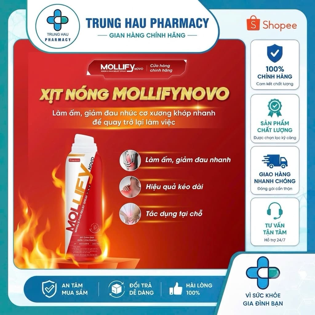 Xịt Giảm Đau Mollifynovo Warm & Pain Relief - Dầu Xoa Bóp Giảm Đau Xương Khớp, Massage Cổ Vai Gáy Chai 50ml