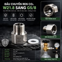 Đầu Chuyển Ren CO₂ W21.8 Sang G5/8 Inox 304 CNC Kèm Gioăng – Chuyển Đổi Ren Bình CO₂ Chuẩn 6