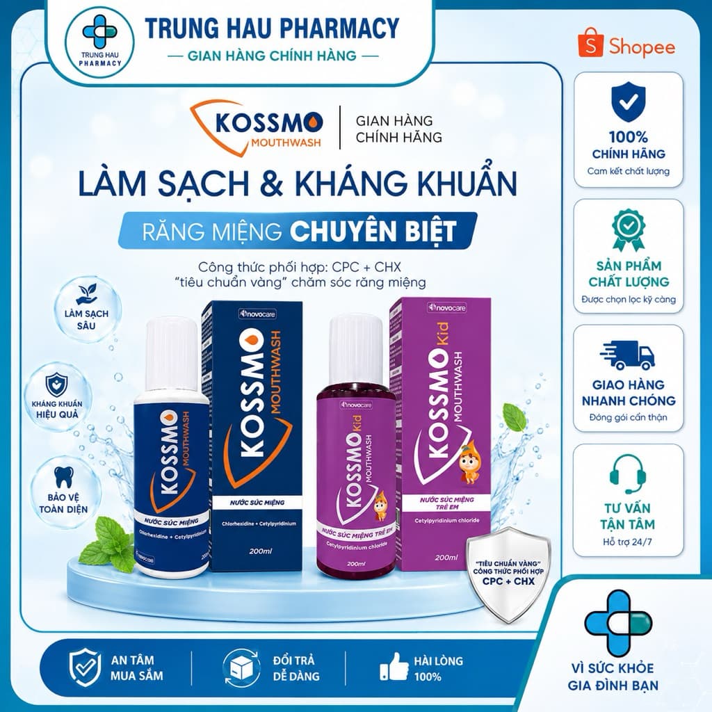 Combo 2 Nước súc miệng Kossmo làm sạch, giúp kh.áng kh.uẩn, hỗ trợ ngừa sâu răng, viêm lợi trẻ em người lớn