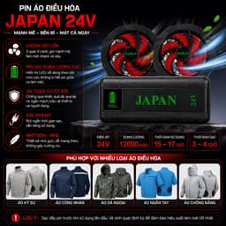 Bộ Quạt Áo Điều Hòa JAPAN 24V Kèm Pin Dung Lượng Cao, 2 Quạt Gió Mạnh, Màn Hình LED, Sạc Nhanh 4