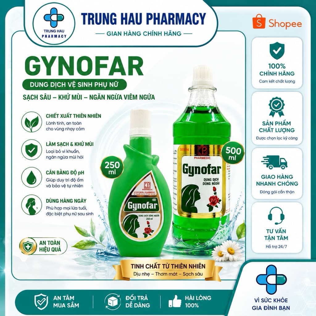 Dung dịch vệ sinh phụ nữ Gynofar sạch khuẩn 250ml, 500ml
