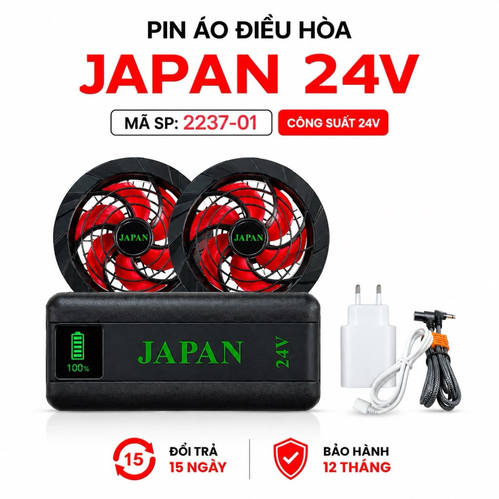 Bộ Quạt Áo Điều Hòa JAPAN 24V Kèm Pin Dung Lượng Cao, 2 Quạt Gió Mạnh, Màn Hình LED, Sạc Nhanh