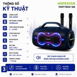 Loa Karaoke Bluetooth HOPESTAR PARTYBOX 168 400W Kèm 2 Micro Không Dây UHF, Bluetooth 5.3, Pin 32000mAh, Chống Nước IPX5 2