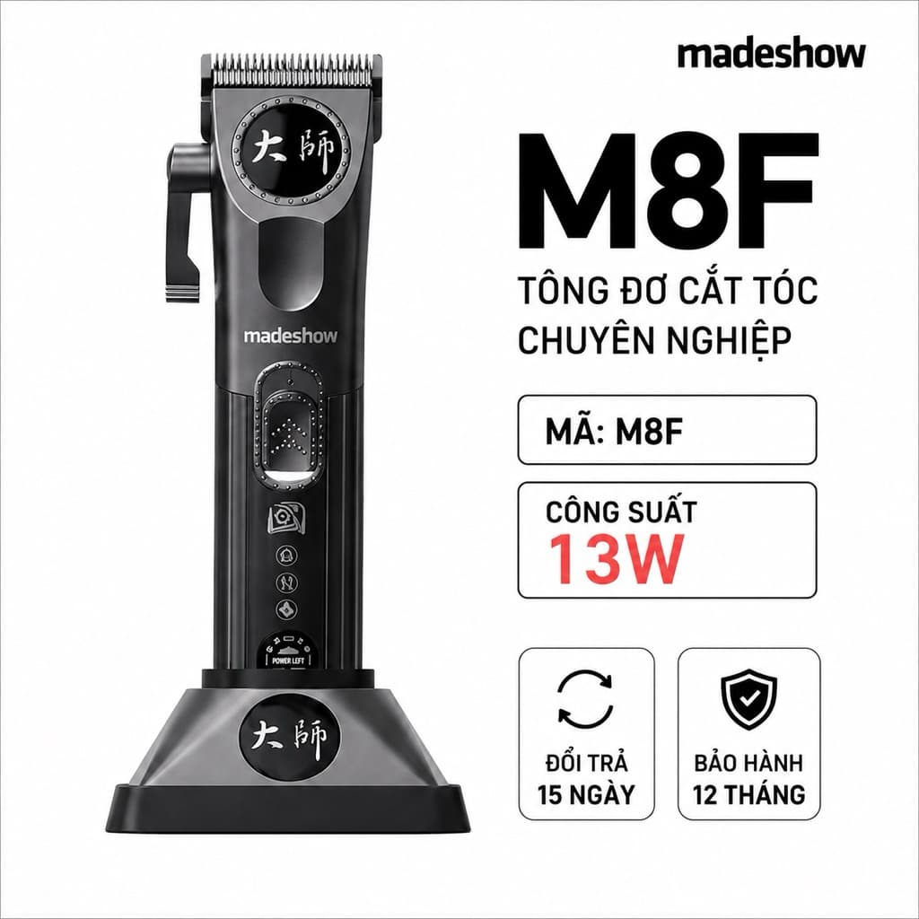 Tông Đơ Cắt Tóc Madeshow M8F 13W Chuyên Nghiệp - Pin 3200mAh, Màn Hình LED, Động Cơ Turbo 9000RPM, Kèm 10 Cữ, Sạc Đế
