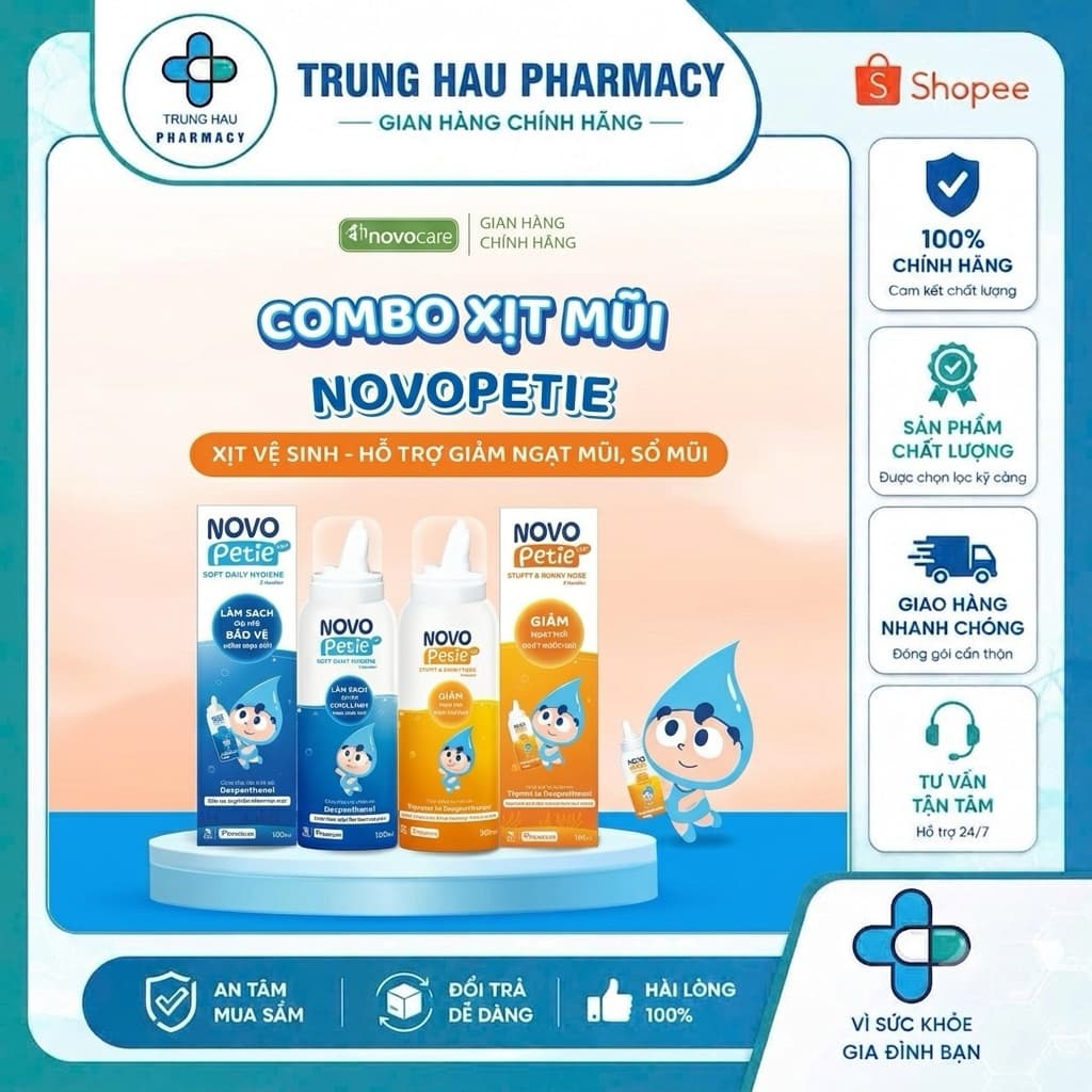 Combo xịt mũi Novo Petie 0.9% & 1.9% - Xịt vệ sinh, hỗ trợ giảm ngạt mũi, sổ mũi