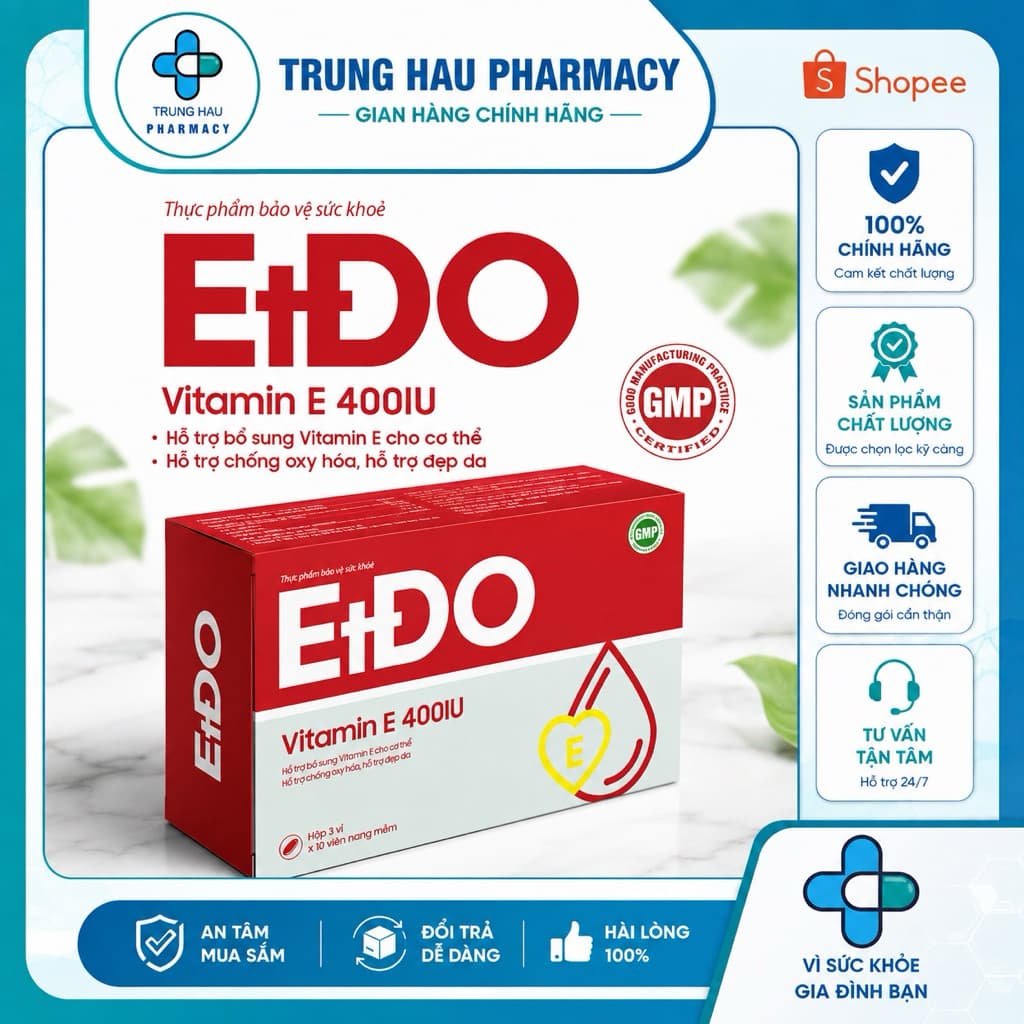 Vitamin ETDO 400IU Tín Phong hộp 30 viên - Bổ sung Vitamin E đỏ cho cơ thể, giúp chống oxy hoá, đẹp da