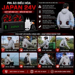 Bộ Quạt Áo Điều Hòa JAPAN 24V Kèm Pin Dung Lượng Cao, 2 Quạt Gió Mạnh, Màn Hình LED, Sạc Nhanh 7