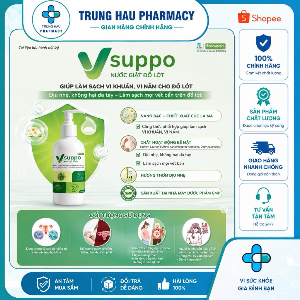 Combo Vsuppo: Viên đặt phụ khoa Vsuppo - Nước giặt đồ lót Vsuppo - Giúp làm sạch vi khuẩn, vi nấm đồ lót
