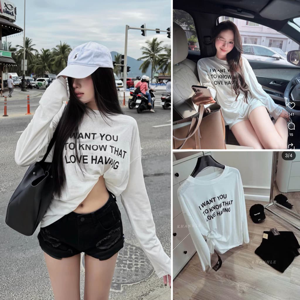 Áo phông giấy dài tay nữ trắng in chữ I WANT YOU form rộng phủ mông siêu xinh 
