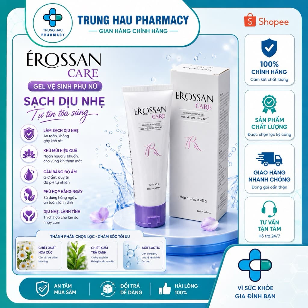Gel vệ sinh phụ nữ E'rossan Care DHG thích hợp cho vệ sinh hằng ngày (45g)