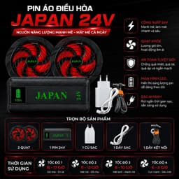 Bộ Quạt Áo Điều Hòa JAPAN 24V Kèm Pin Dung Lượng Cao, 2 Quạt Gió Mạnh, Màn Hình LED, Sạc Nhanh 2