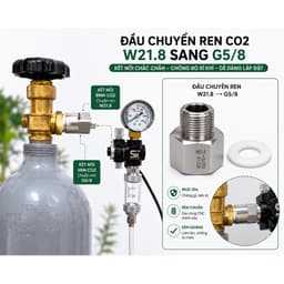 Đầu Chuyển Ren CO₂ W21.8 Sang G5/8 Inox 304 CNC Kèm Gioăng – Chuyển Đổi Ren Bình CO₂ Chuẩn 5