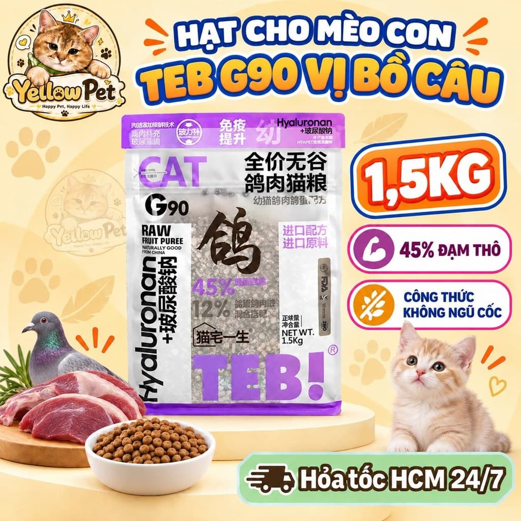 Hạt Cho Mèo Con TEB G90 Vị Bồ Câu 45% Đạm Thô Không Ngũ Cốc 1.5kg | Yellow Pet