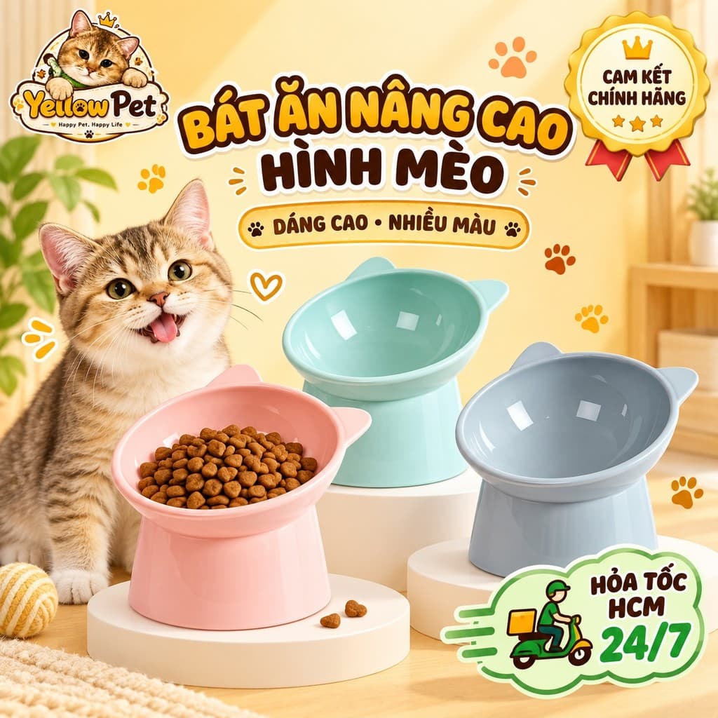 Chén Ăn Cho Chó Mèo Nghiêng Đế Cao Mặt Gấu 13,5cm | Yellow Pet