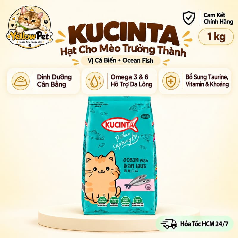 Hạt Kucinta Vị Cá Biển 1kg Cho Mèo Trưởng Thành, Dinh Dưỡng Cân Bằng | Yellow Pet