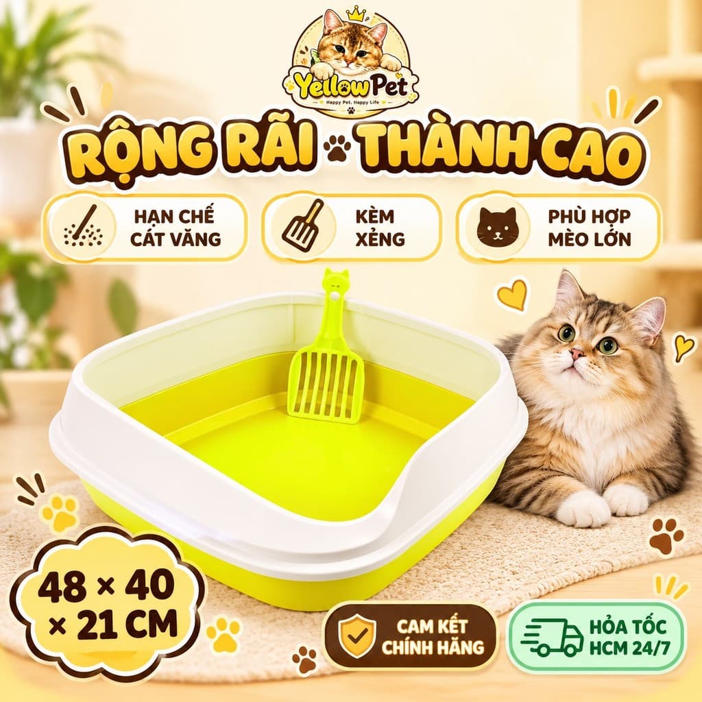Khay Cát Vệ Sinh Cho Mèo Kèm Xẻng Size Lớn 48 x 40 x 21cm | Yellow Pet