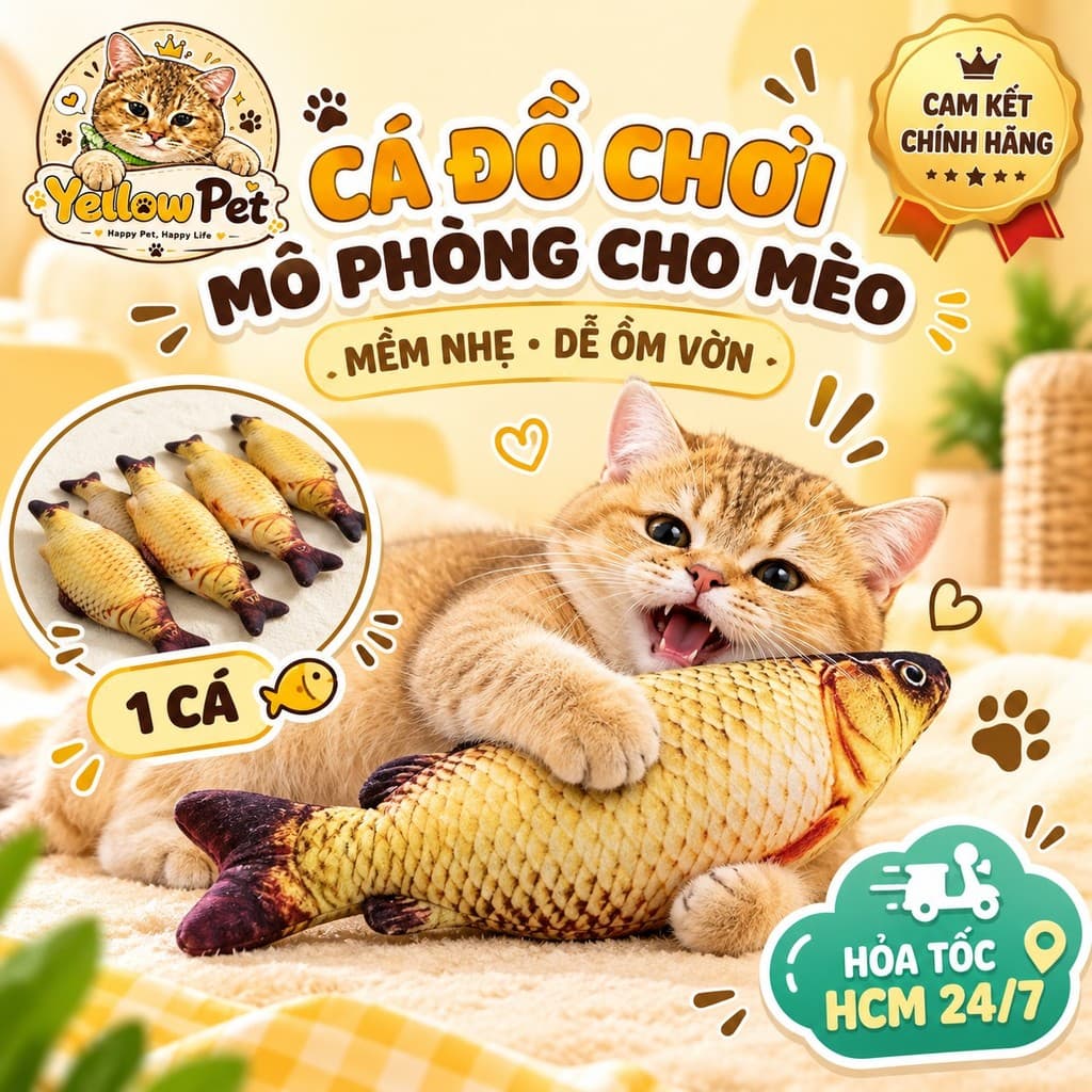 Gối Ôm Cá Cho Mèo 20cm Đồ Chơi Mô Phỏng Hình Cá | Yellow Pet