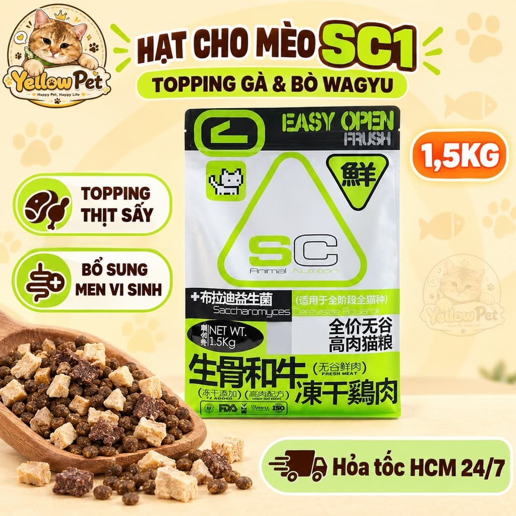 Hạt Cho Mèo SC1 Topping Gà Bò Wagyu Sấy Không Ngũ Cốc 1.5kg | Yellow Pet