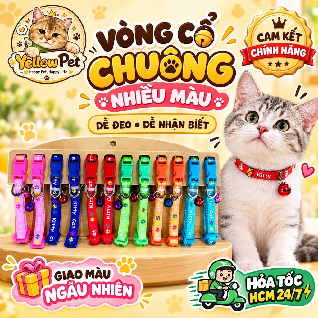 Vòng Cổ Cho Chó Mèo Zichen Bản 1cm Kèm Chuông 1 Cái | Yellow Pet