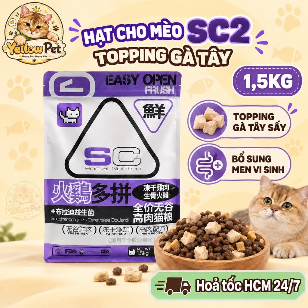 Hạt Cho Mèo SC2 Topping Gà Tây Sấy Không Ngũ Cốc Men Vi Sinh 1.5kg | Yellow Pet
