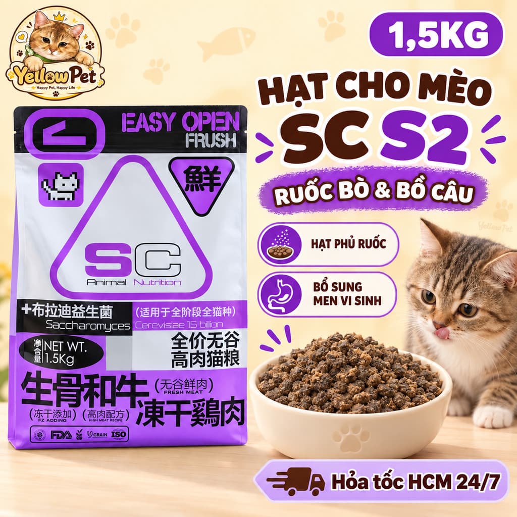 Hạt Cho Mèo SC S2 Vị Bò Bồ Câu Phủ Ruốc Thịt Không Ngũ Cốc 1.5kg | Yellow Pet