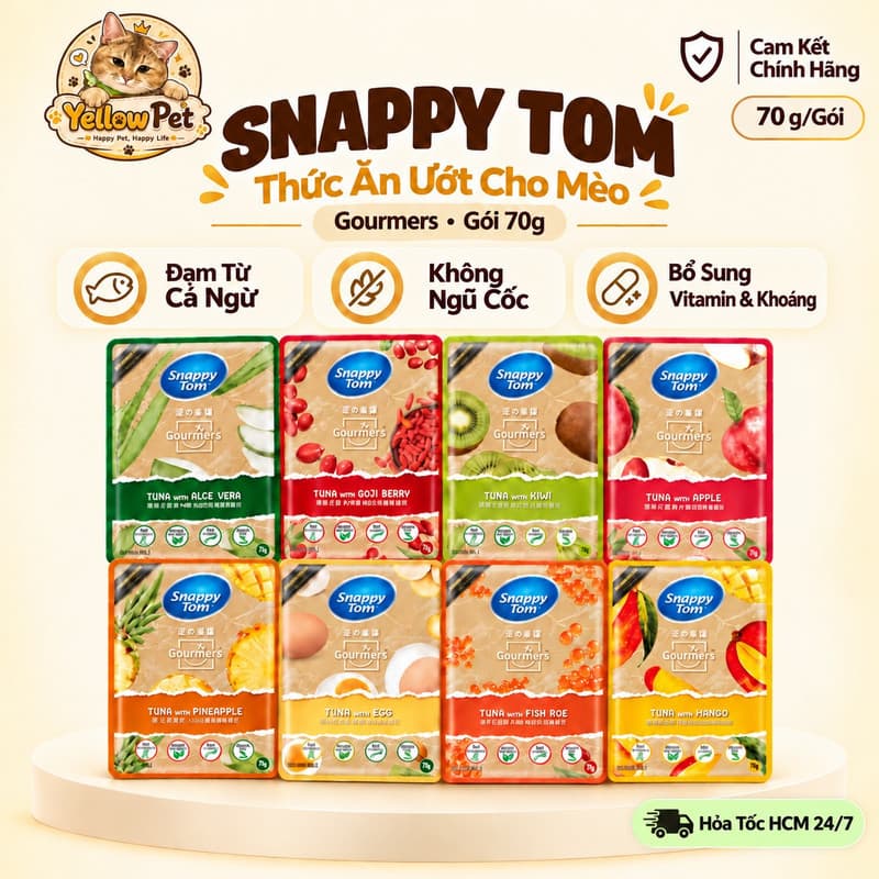 Pate Snappy Tom Gourmers Trái Cây 70g Cho Mèo – Cá Ngừ, Không Ngũ Cốc – Combo 3–6 Gói | Yellow Pet