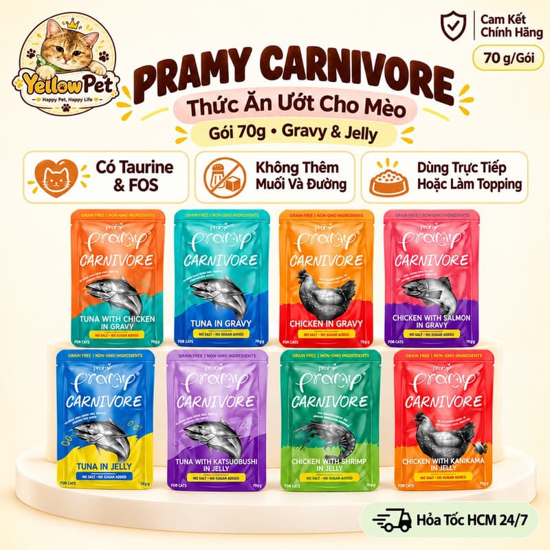 Pate Pramy Carnivore 70g Cho Mèo – Gravy Và Jelly, Có Taurine Và FOS – Combo 3–6 Gói | Yellow Pet