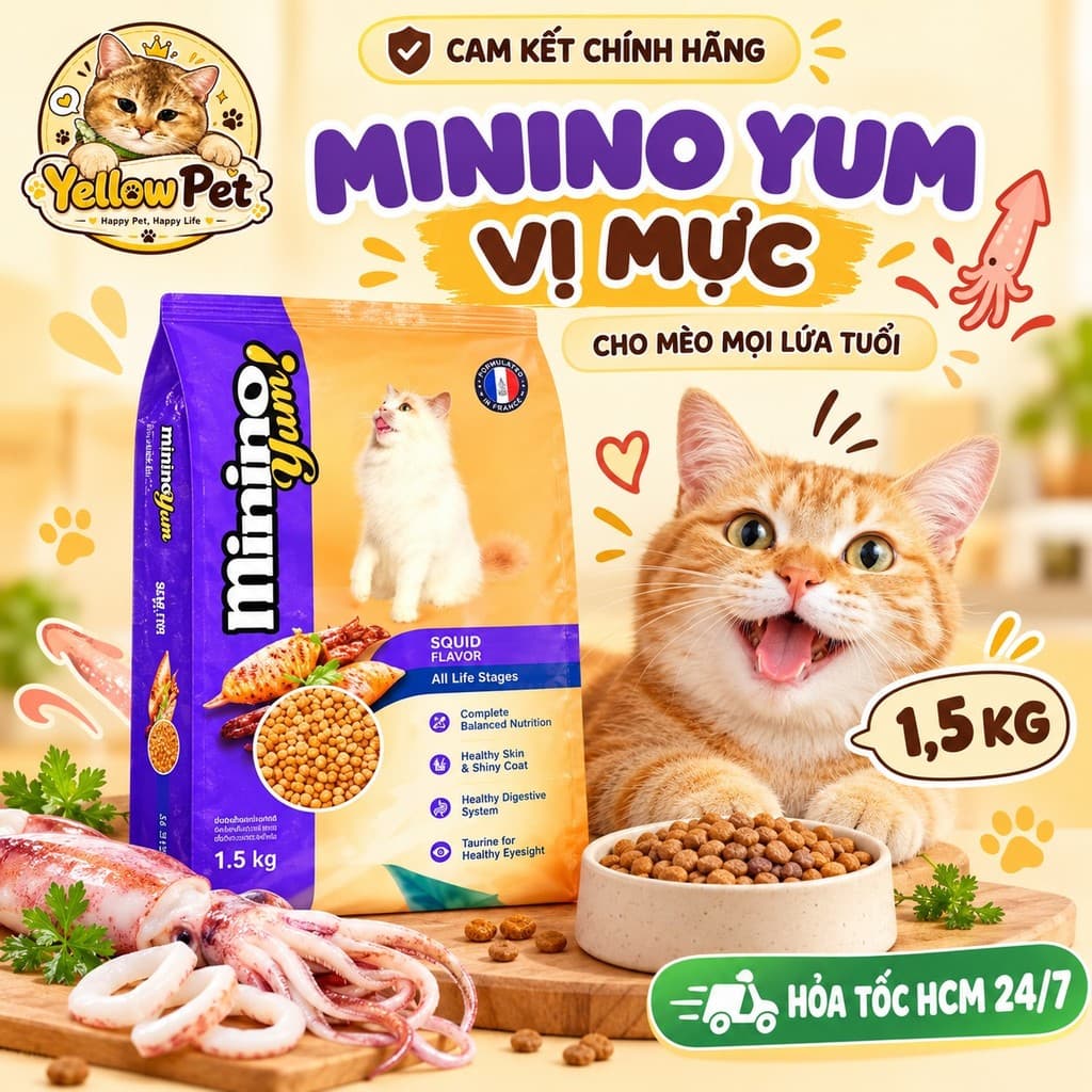 Thức Ăn Hạt Cho Mèo Minino Yum 1,5kg Vị Mực Mọi Lứa Tuổi | Yellow Pet