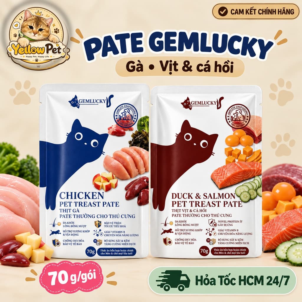 Pate thưởng Gemlucky 70g vị gà, vịt và cá hồi cho mèo | Yellow Pet