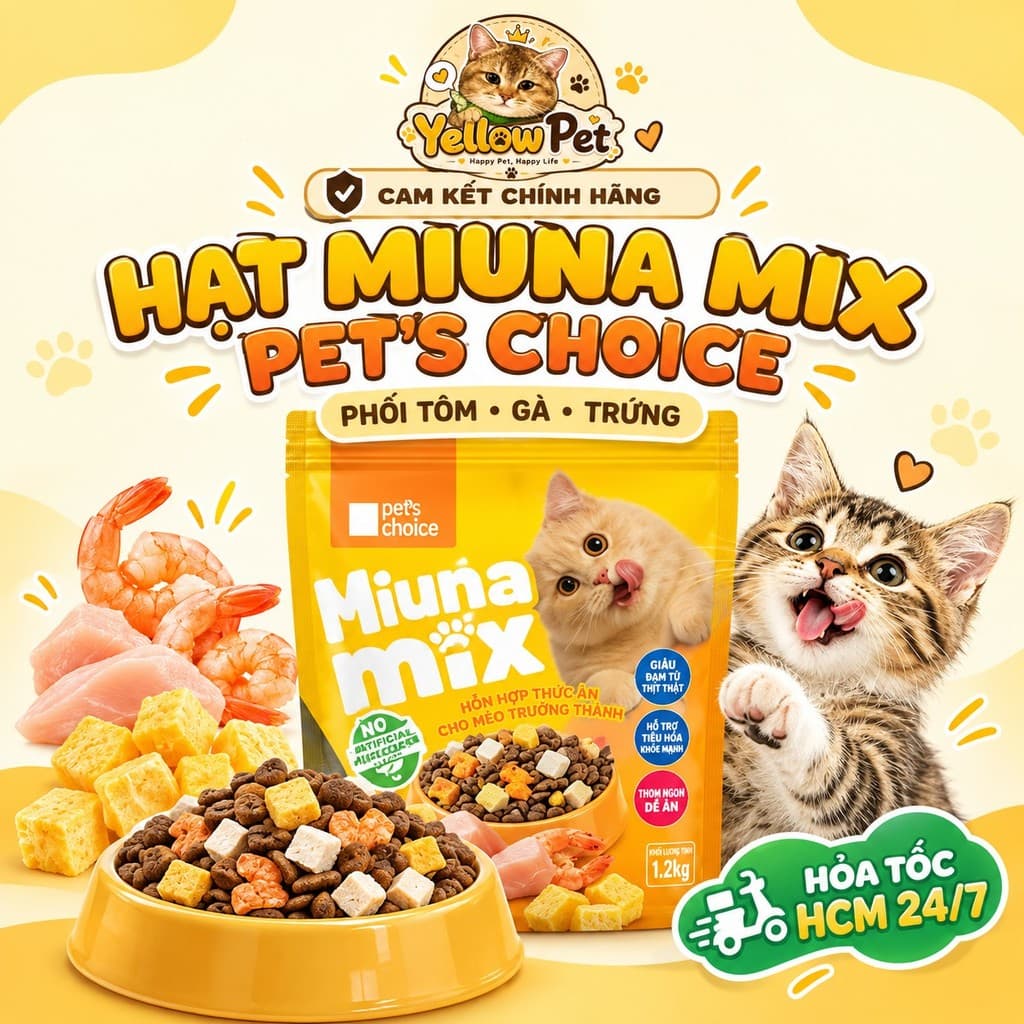 Thức Ăn Hạt Cho Mèo Miuna Mix Pet's Choice 1kg Vị Tôm Gà Trứng | Yellow Pet