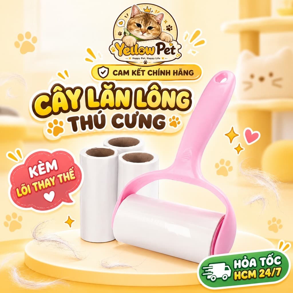 Cây Lăn Lông Thú Cưng Cán Cong 10cm Kèm 1 Lõi | Yellow Pet
