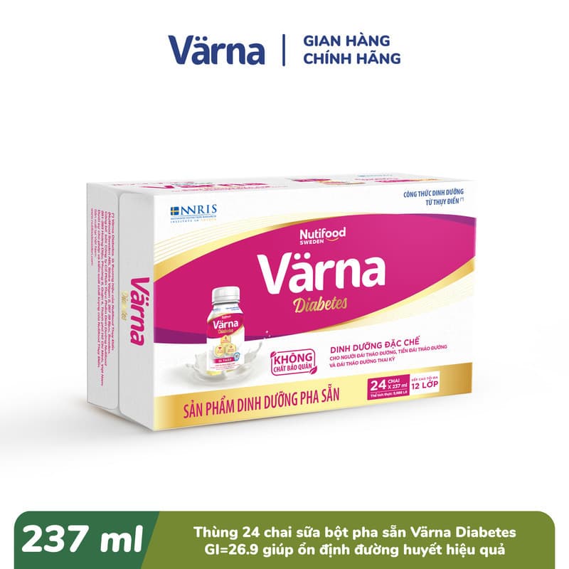 Thùng 24 Chai Sữa Bột Pha Sẵn Varna Diabetes 237ml