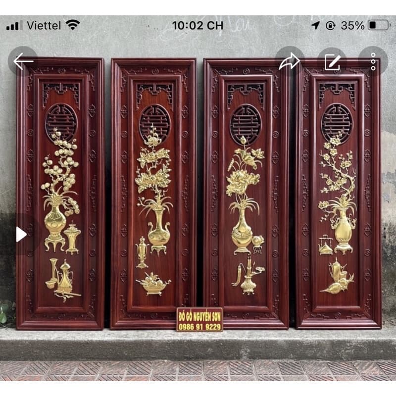 Tranh gỗ treo tường mẫu tứ bình hương đỏ nam phi dát vàng