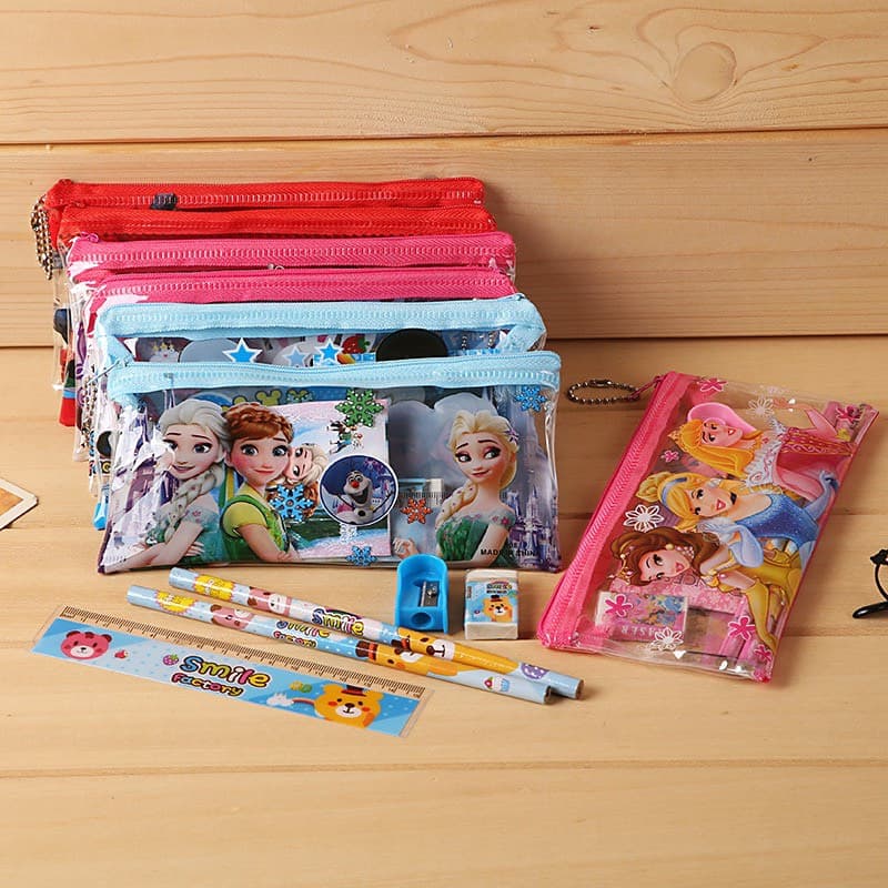 Set Túi dụng cụ học tập 7 chi tiết tiện lợi cho bé hình elsa siêu nhân nhện spider man công chúa dễ thương