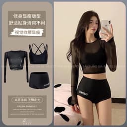 Bộ đồ bơi ba mảnh nữ áo lưới đen dài tay thể thao 2