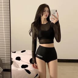 Bộ đồ bơi ba mảnh nữ áo lưới đen dài tay thể thao 4