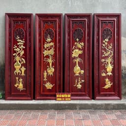 Tranh gỗ treo tường mẫu tứ bình hương đỏ nam phi dát vàng 2