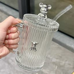 Ly thủy tinh giữ nhiệt hình gấu bearbrick 400ml, cốc uống trà cà phê có nắp đậy tặng kèm ống hút xinh xắn 5