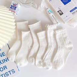 Set 5 Đôi Tất dệt kim gân trắng bèo cổ cao ,trung Phong Cách Hàn Quốc Mẫu tt19 { u308 } 1